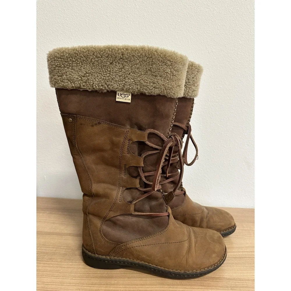 Ugg Australia Leather Boots Womens Size 9 Sheepskin Brown